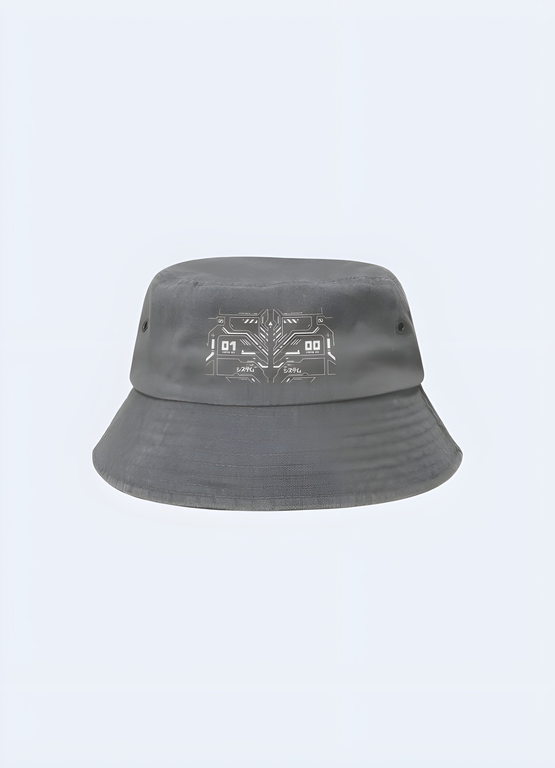 A grey cyberpunk bucket hat, shown from the front to highlight its sleek and futuristic design Canada.