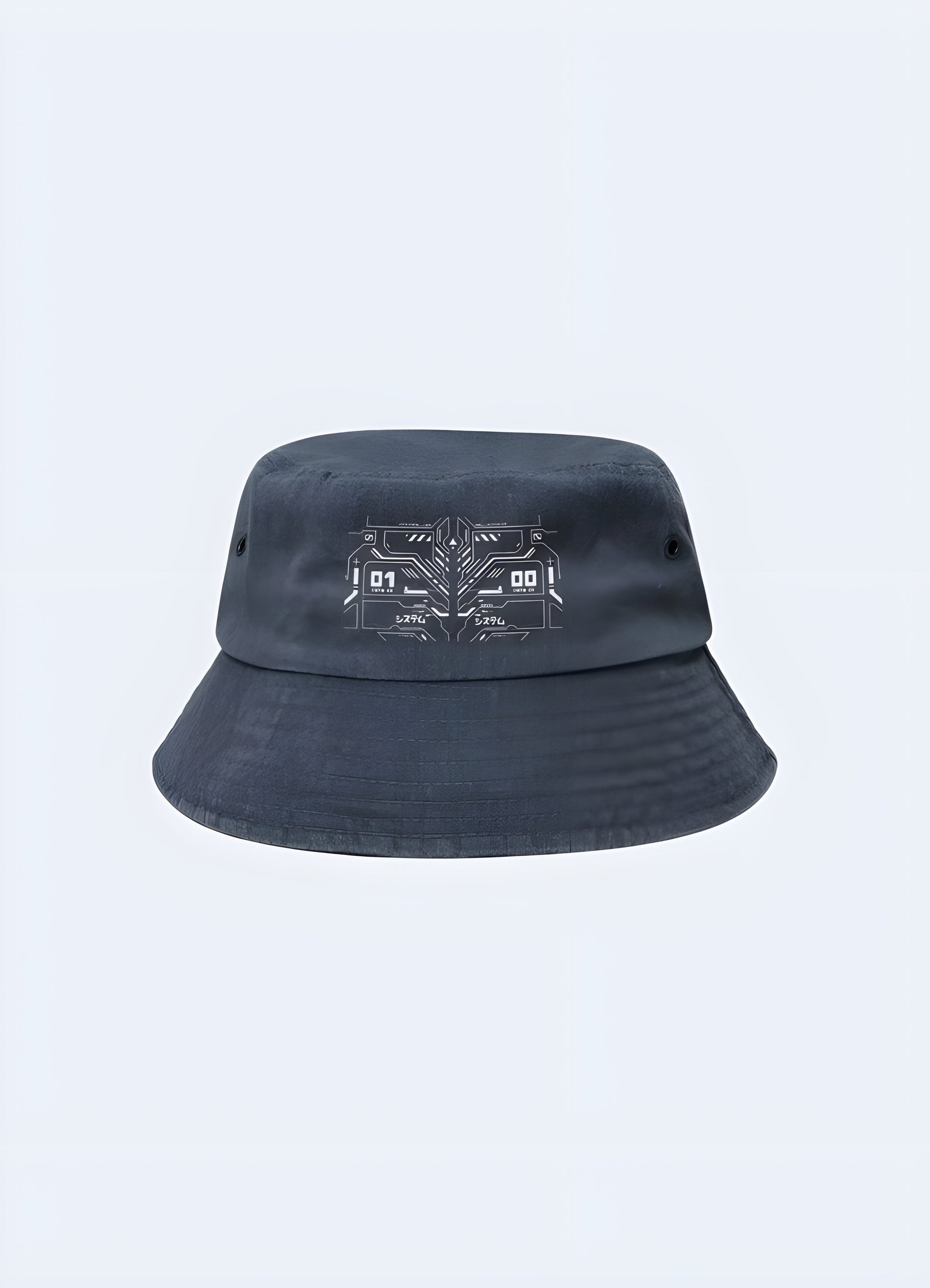 A navy cyberpunk bucket hat, shown from the front to showcase its modern design and deep, rich color.