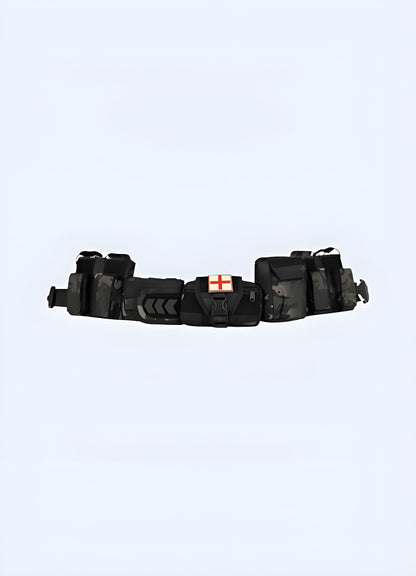 Side view of a cyberpunk belt with a futuristic style, featuring a sleek design inspired by Canadian urban aesthetics.