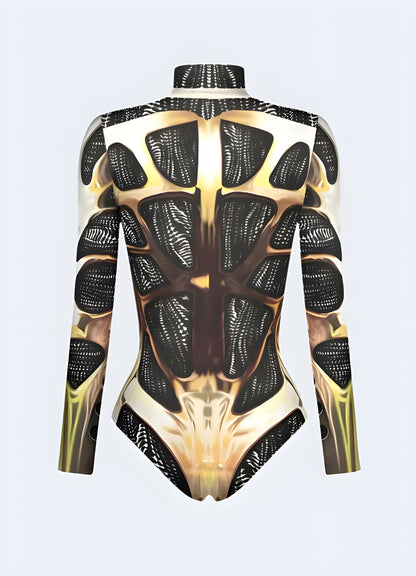 Back view of a stunning cyberpunk cosplay bodysuit, featuring distinctive cyberpunk-inspired elements and a perfect fit for Canada cosplay and sci-fi conventions.