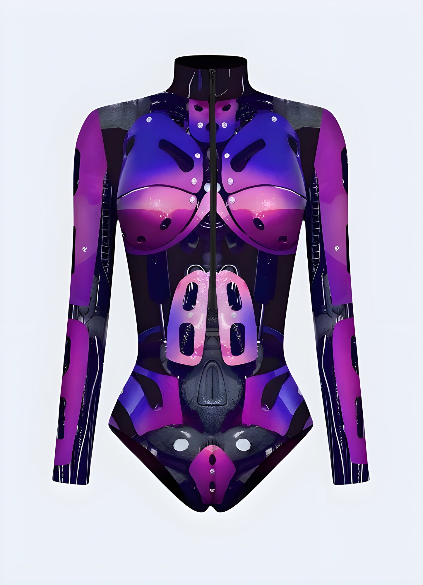 Model showcasing a front view of a captivating cyberpunk cosplay bodysuit, highlighting its iconic style and high-quality craftsmanship for Canada cosplay events.