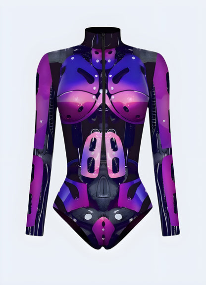 Model showcasing a front view of a captivating cyberpunk cosplay bodysuit, highlighting its iconic style and high-quality craftsmanship for Canada cosplay events.