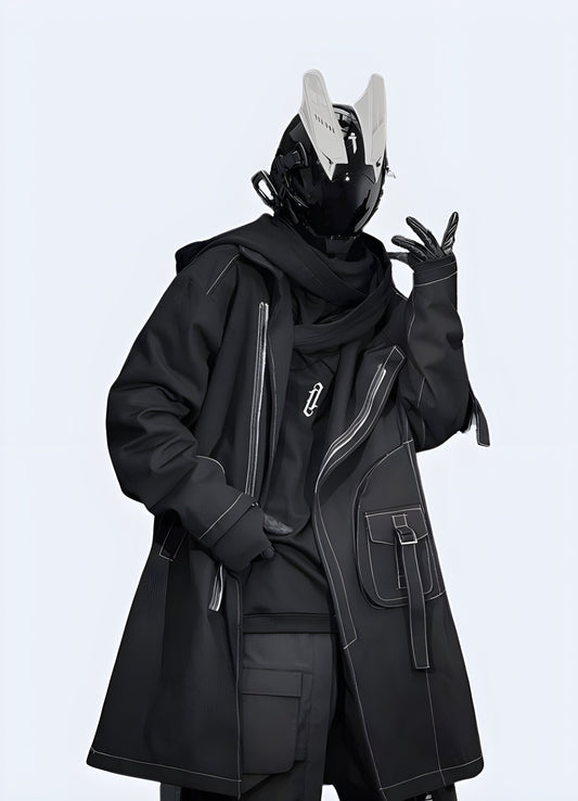 Cutting-edge cyberpunk futuristic jacket with innovative design elements, perfect for making a bold fashion statement while staying warm in Canada's urban landscapes.