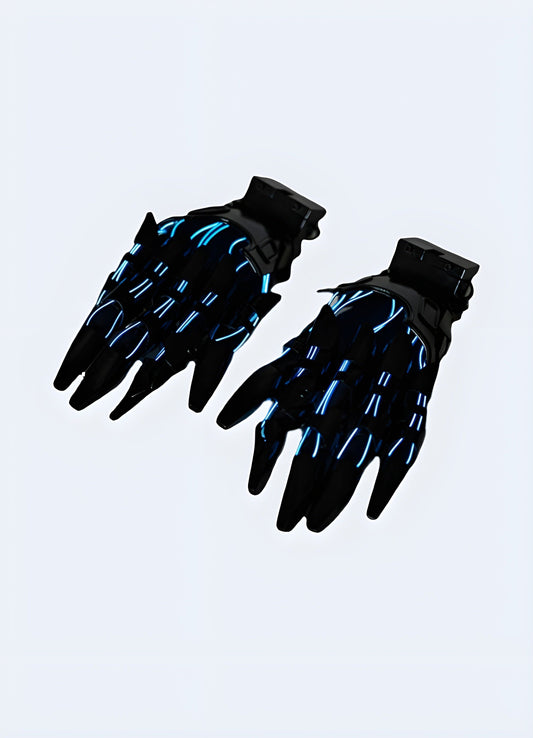 Cyberpunk-themed gloves, front view, showcasing sleek, futuristic design with illuminated lines and reinforced knuckles Canada.