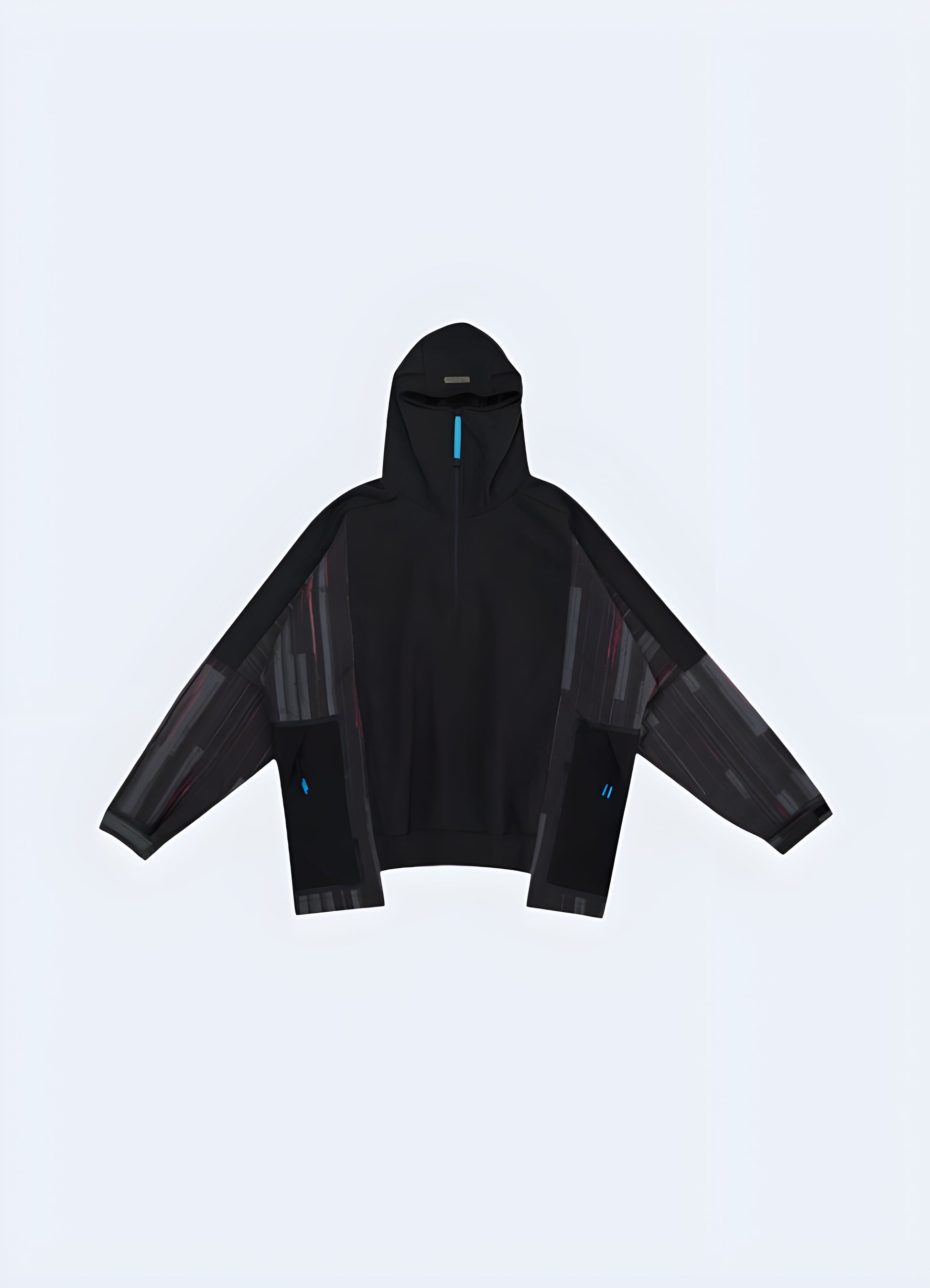 Cyberpunk ninja patchwork hoodie in black, front view, available in Canada, emphasizing its sleek and stylish appearance.