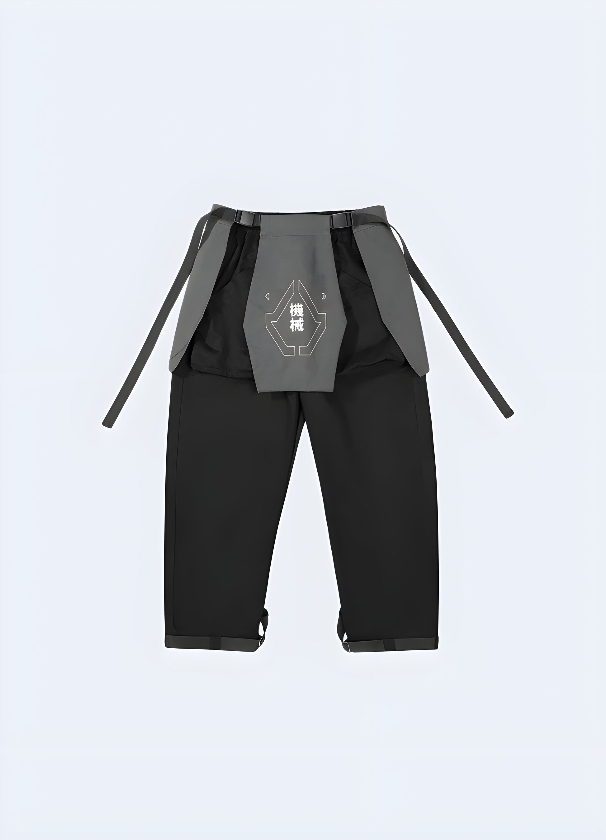 Front view of trendy cyberpunk pants showcasing their unique style and attention to detail, perfect for fashion-forward individuals in Canada.