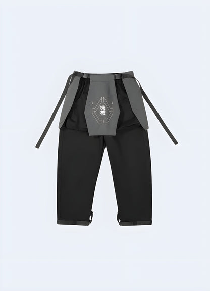 Front view of trendy cyberpunk pants showcasing their unique style and attention to detail, perfect for fashion-forward individuals in Canada.