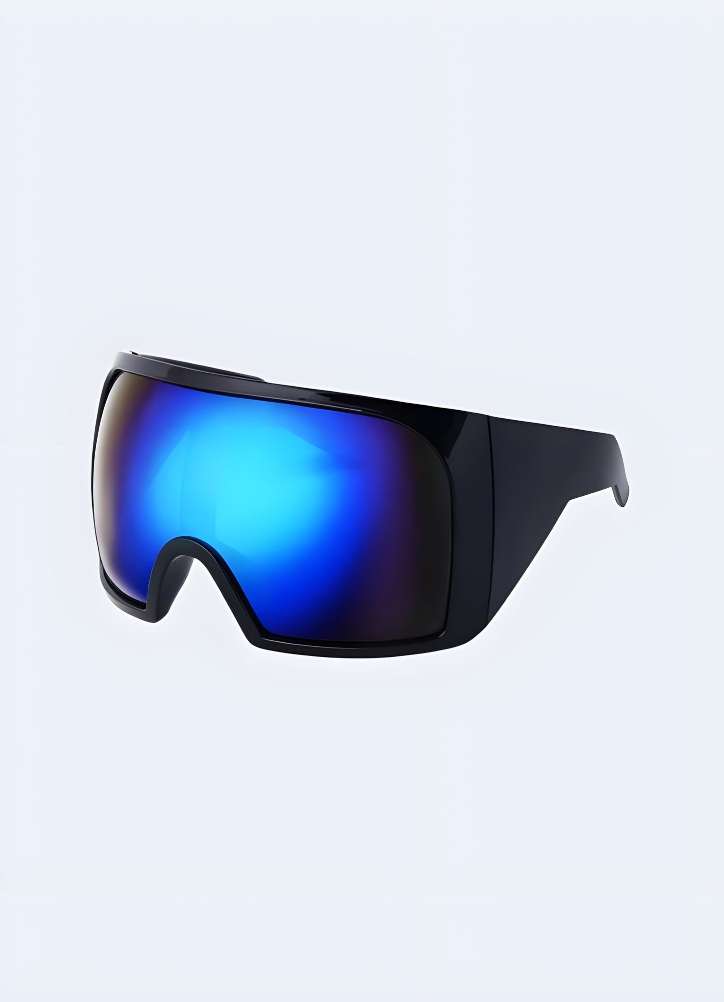 Black and blue oversized cyberpunk shield sunglasses, front view, perfect for Canada fashion enthusiasts looking to make a statement with Y2K techwear.