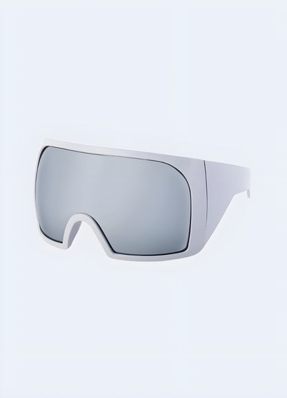 Front view of classic grey oversized cyberpunk shield sunglasses, a versatile accessory for Canada fashion lovers exploring the Y2K techwear trend.