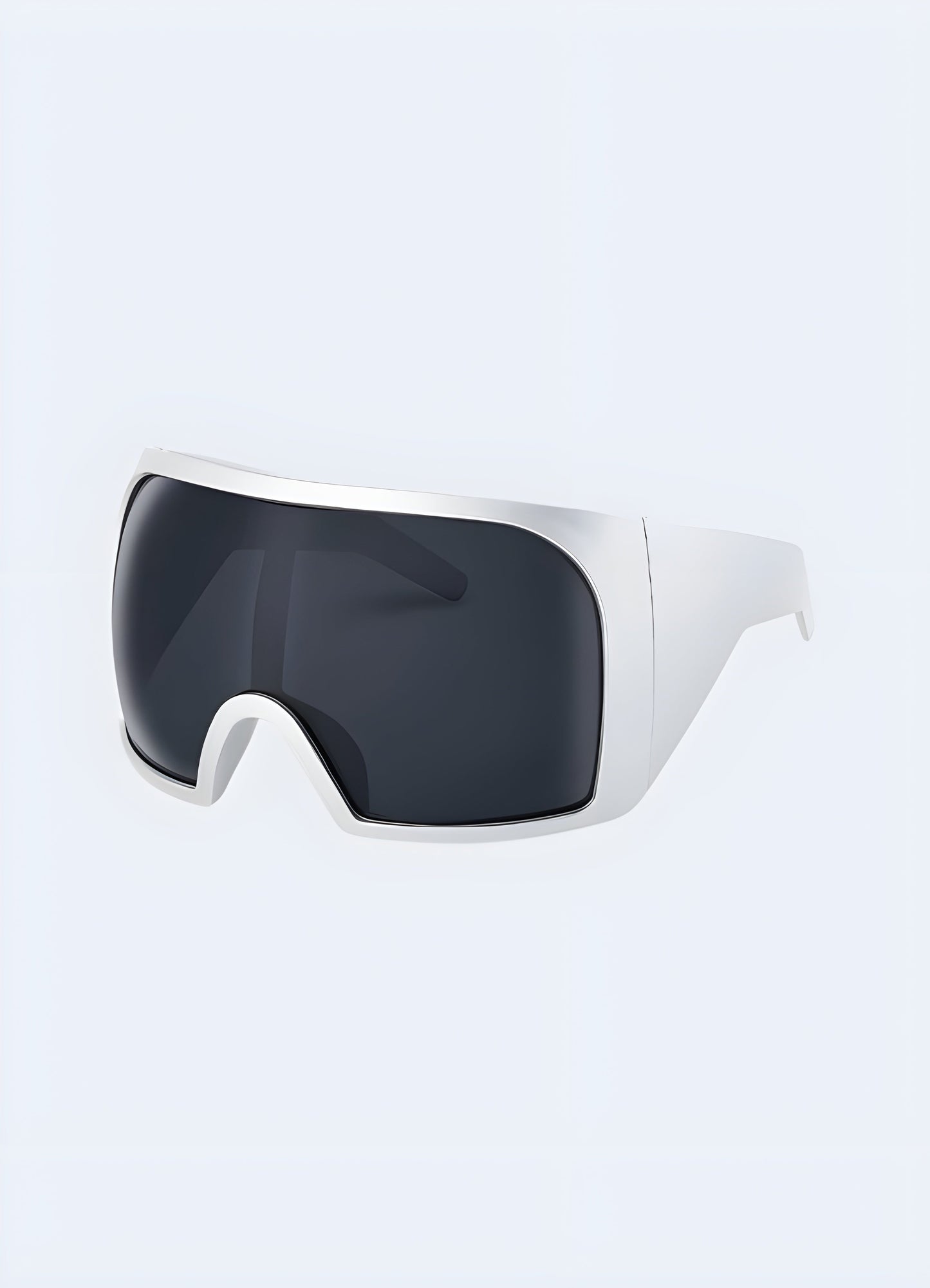 Sleek grey and silver oversized cyberpunk shield sunglasses, front view, a stylish choice for Canada fashion enthusiasts looking to incorporate Y2K techwear elements.