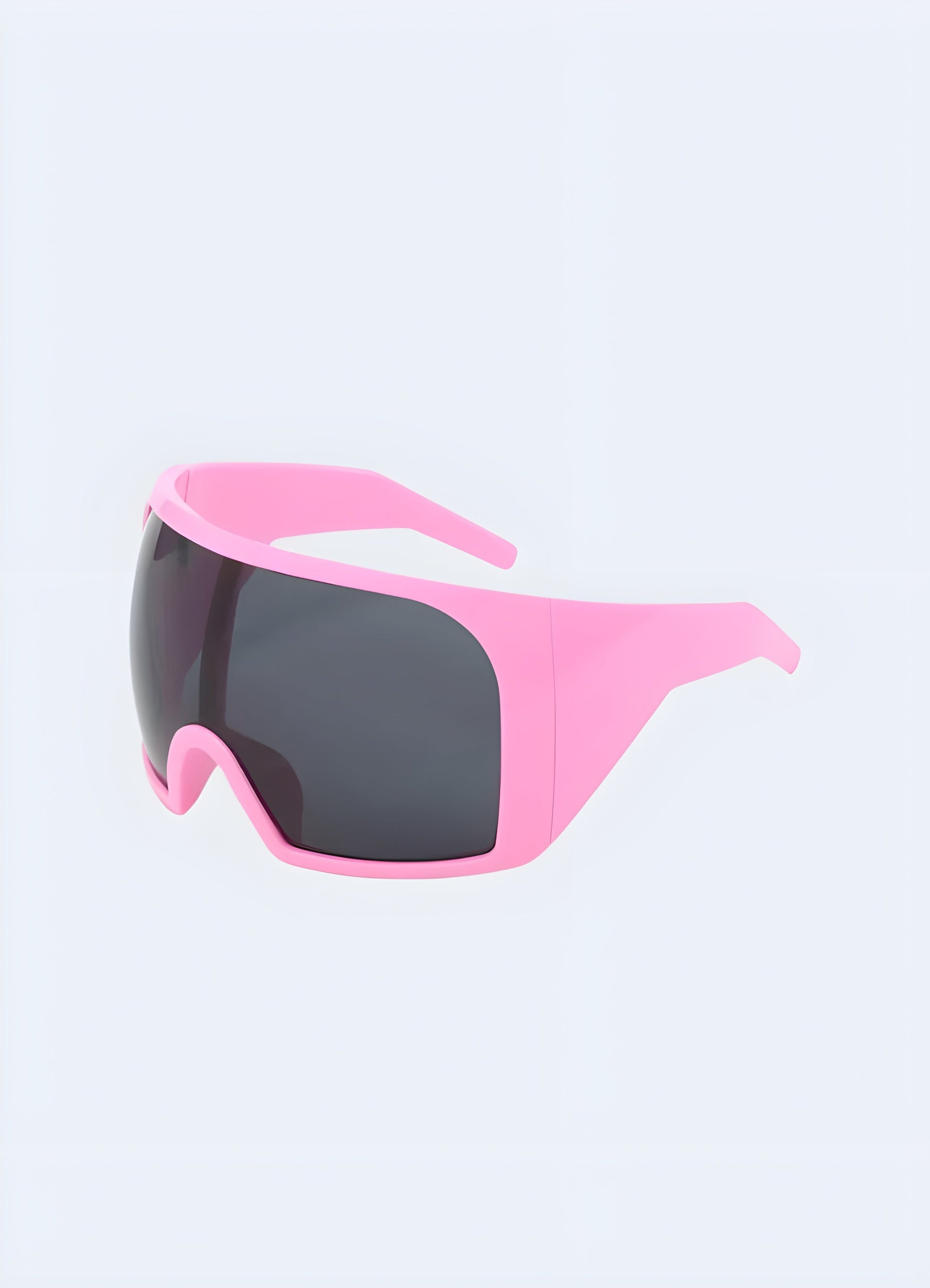 Oversized cyberpunk shield sunglasses in a soft pink and grey color scheme, front view, ideal for Canada fashion lovers seeking a unique Y2K techwear look.