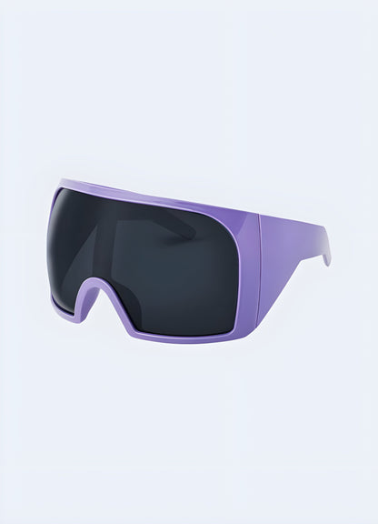 Front view of oversized cyberpunk shield sunglasses in a striking purple and grey color combination, ideal for Canada Y2K techwear enthusiasts.