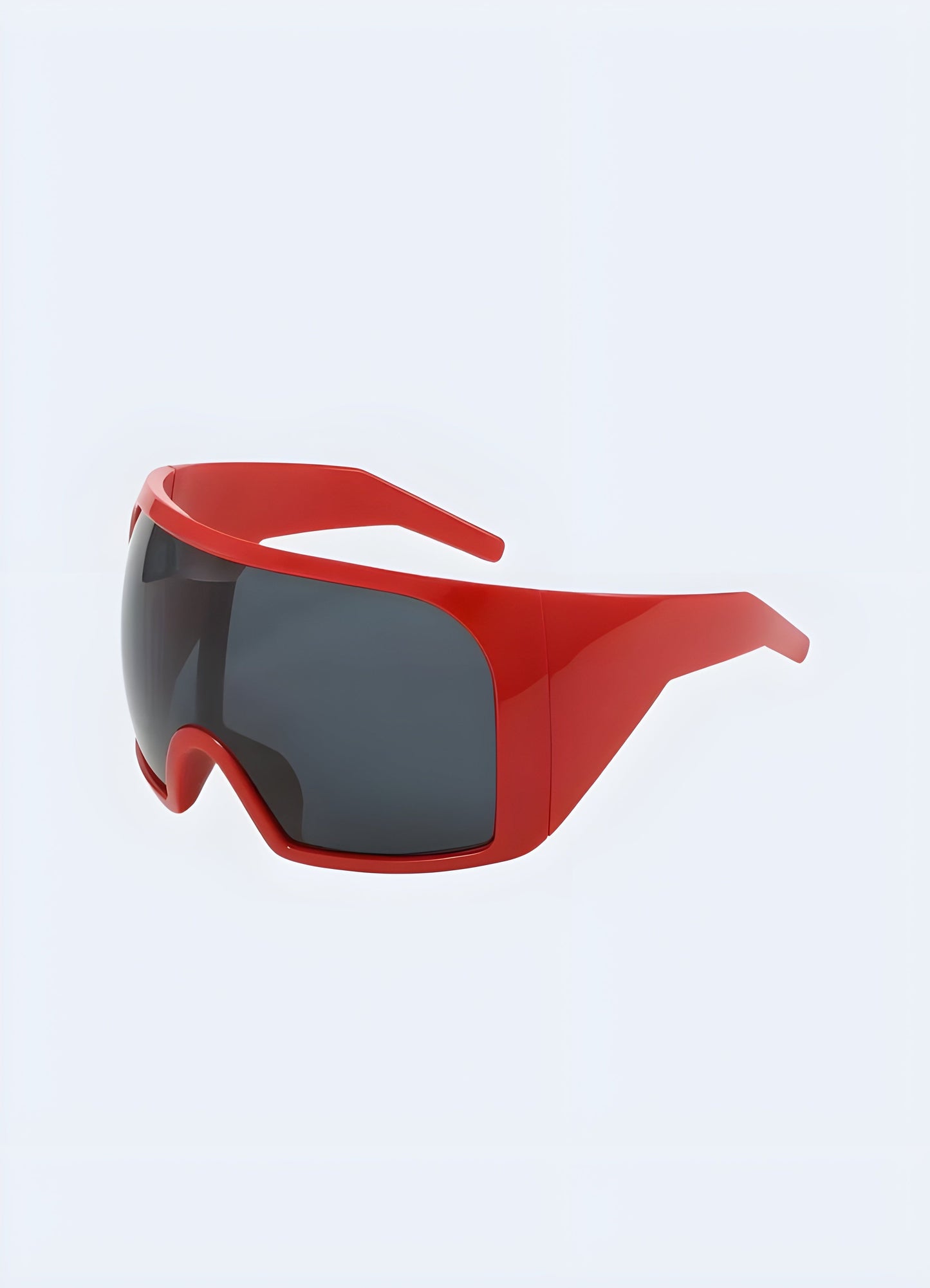 Oversized cyberpunk shield sunglasses in a vibrant red and grey color scheme, front view, perfect for those embracing the Y2K techwear trend in the Canada.