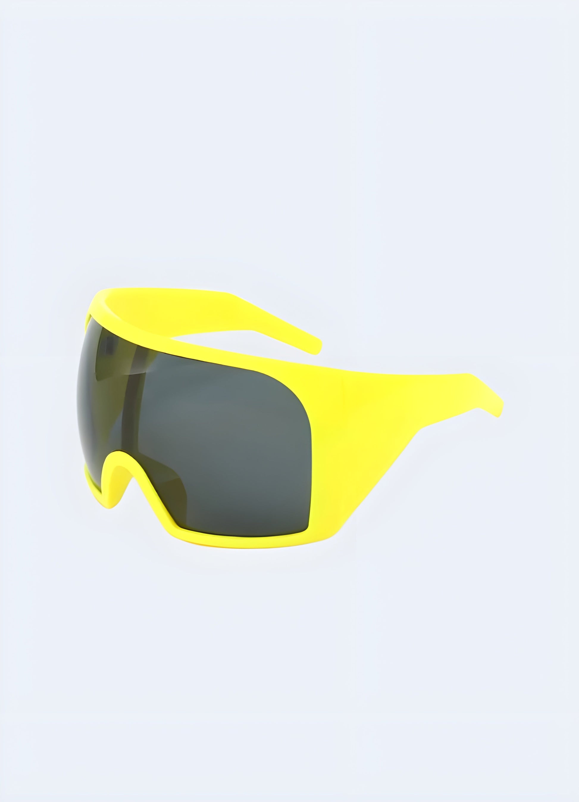 Yellow and grey oversized cyberpunk shield sunglasses, front view, a must-have accessory for Canada fashion lovers exploring the Y2K techwear aesthetic.