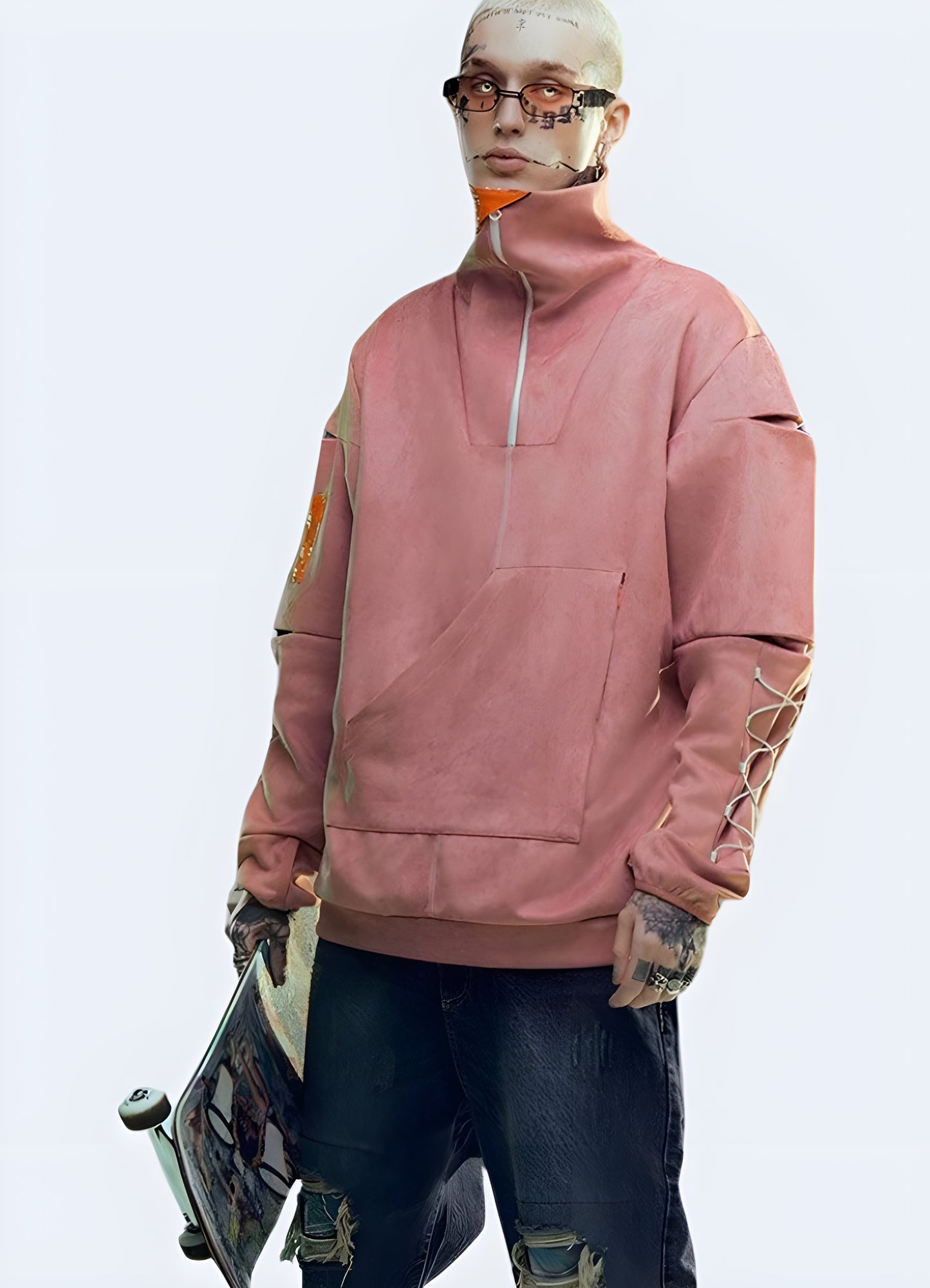 Pink cyberpunk suede turtleneck pullover available in Canada, blending futuristic style with luxurious comfort.