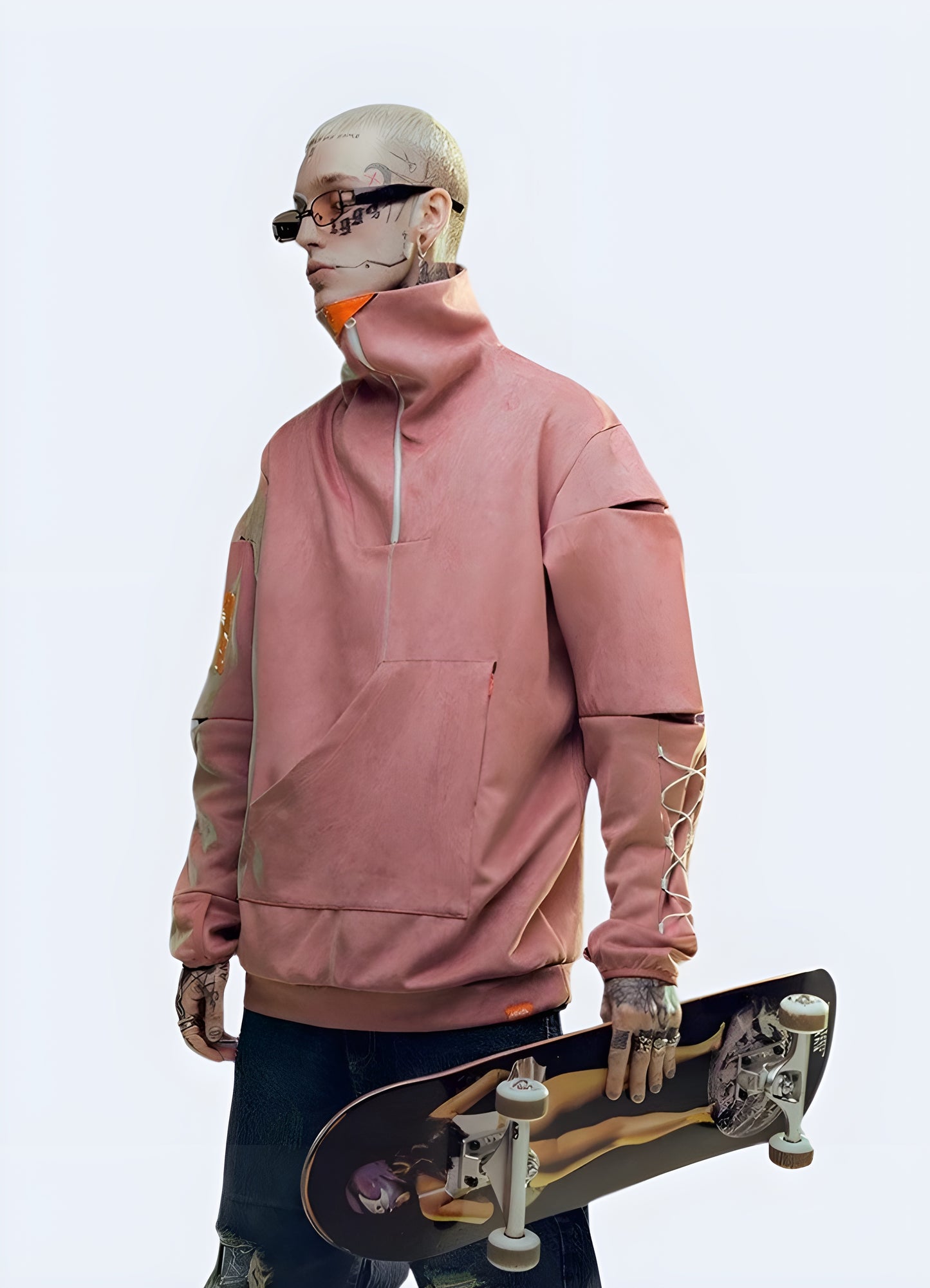 Cyberpunk suede turtleneck pullover pink available in Canada, blending futuristic style with luxurious comfort.