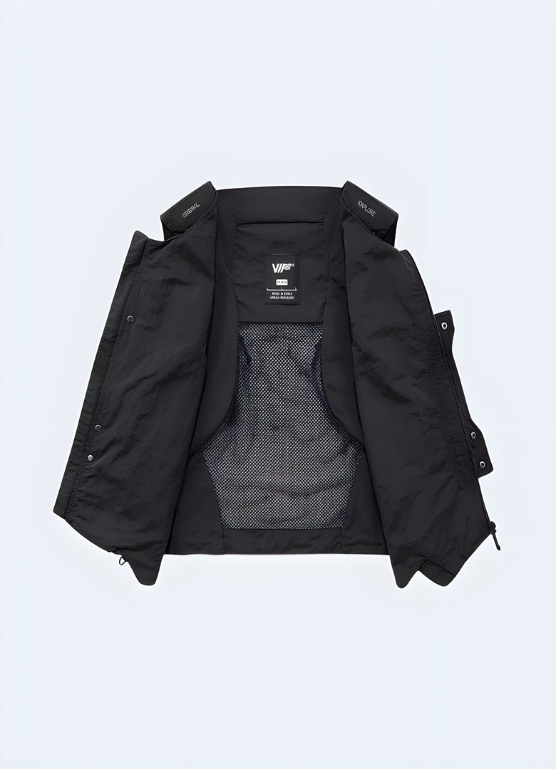 Open view of a cyberpunk tactical vest, showcasing its cutting-edge design and practical storage options, perfect for Canada cyberpunk fashion.