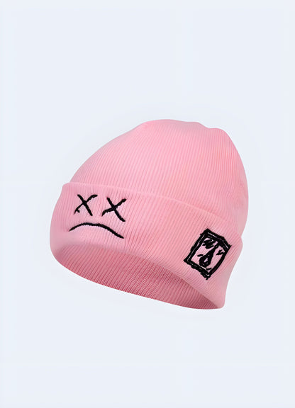 Side view of a pink cyberpunk techwear beanie, perfect for adding a pop of color to Canada streetwear.