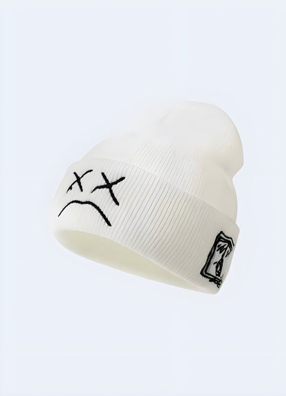 Side view of a white cyberpunk techwear beanie, showcasing its modern design in the Canada.