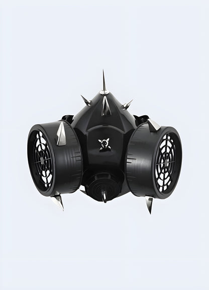 A detailed front view of a cyberpunk techwear gas mask, highlighting its advanced design and unique aesthetic, available In Canada.