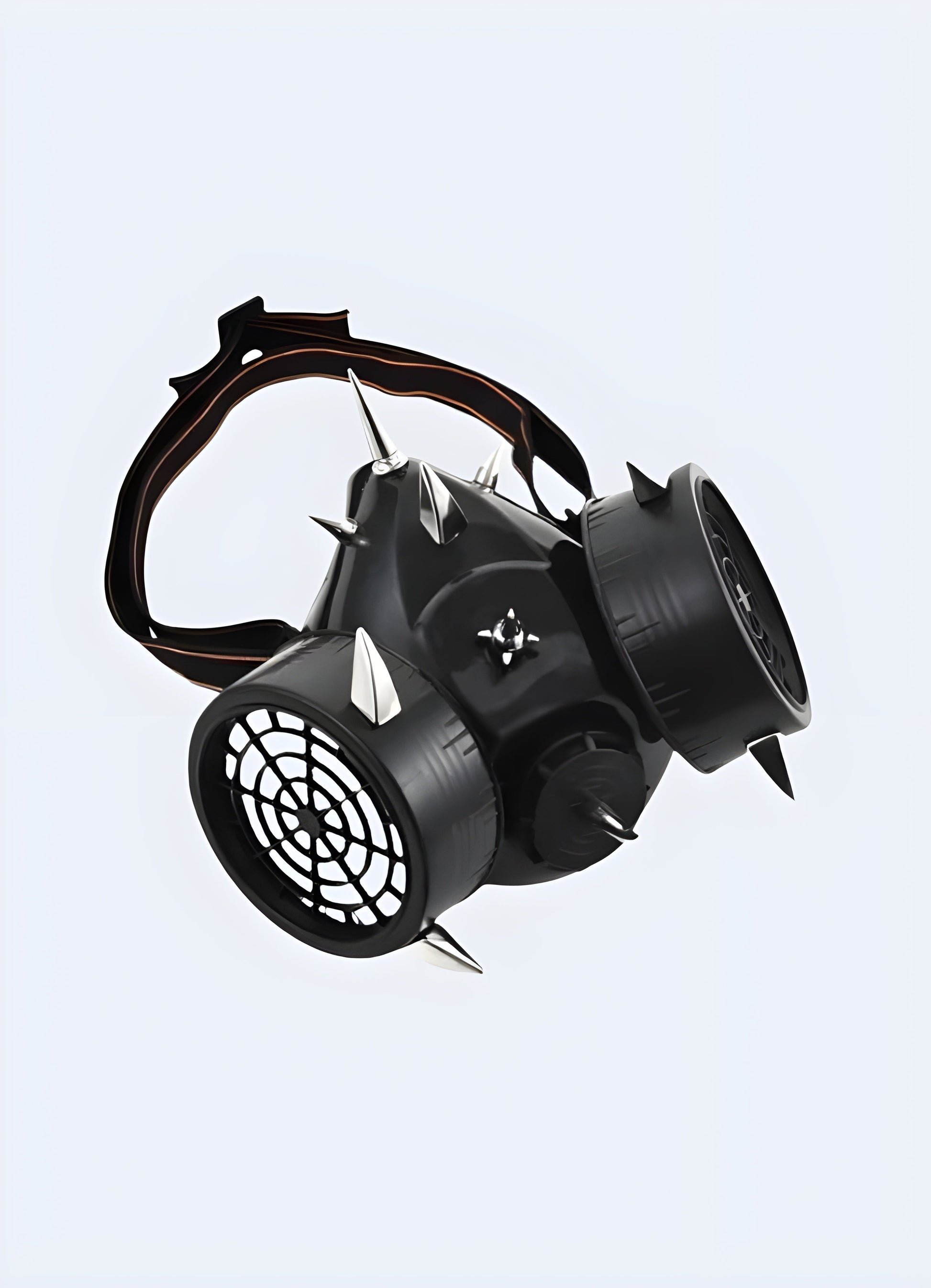 A detailed side view of a cyberpunk techwear gas mask, showcasing its intricate design and futuristic features, available in Canada.