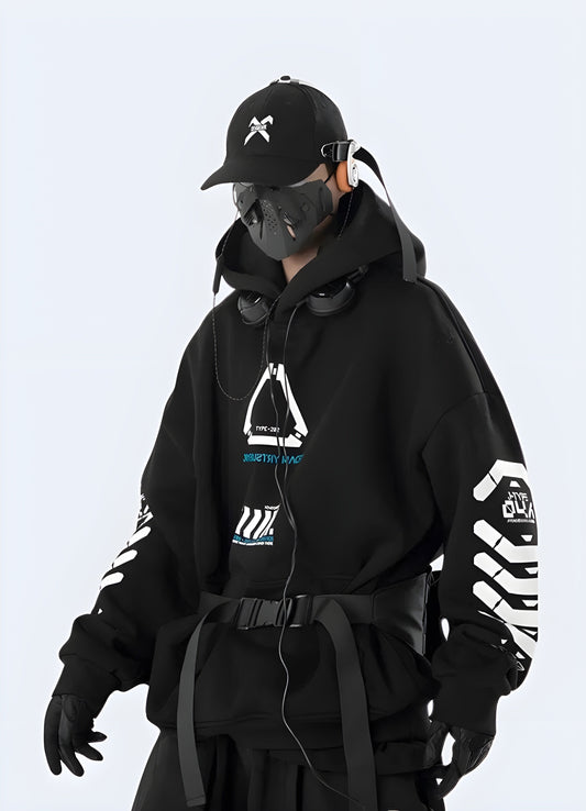 Front view of a person wearing a black cyberpunk techwear hoodie featuring numerous straps, pockets, and a sleek, futuristic aesthetic, ideal for urban adventures or sci-fi enthusiasts.