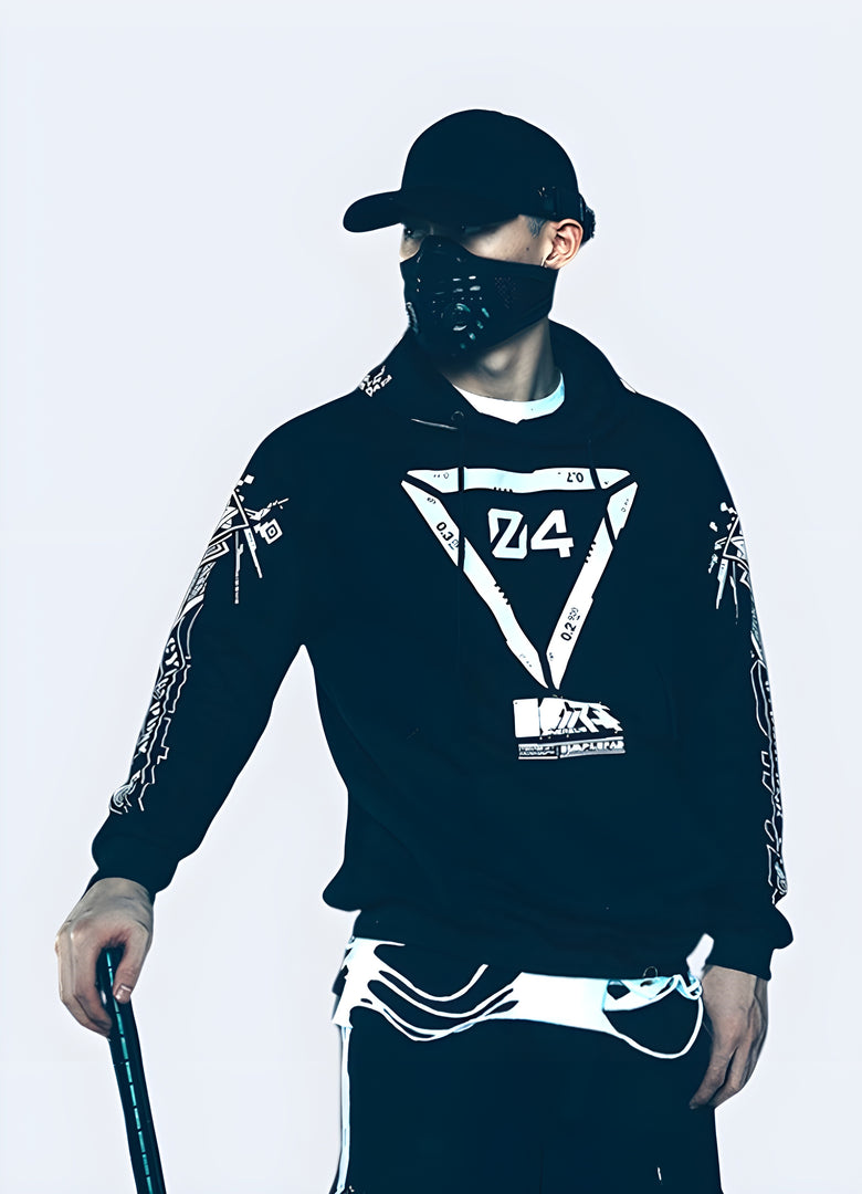 Front view of a person wearing a black cyberpunk techwear hoodie featuring numerous straps, pockets, and a sleek, futuristic aesthetic, ideal for urban adventures or sci-fi enthusiasts.