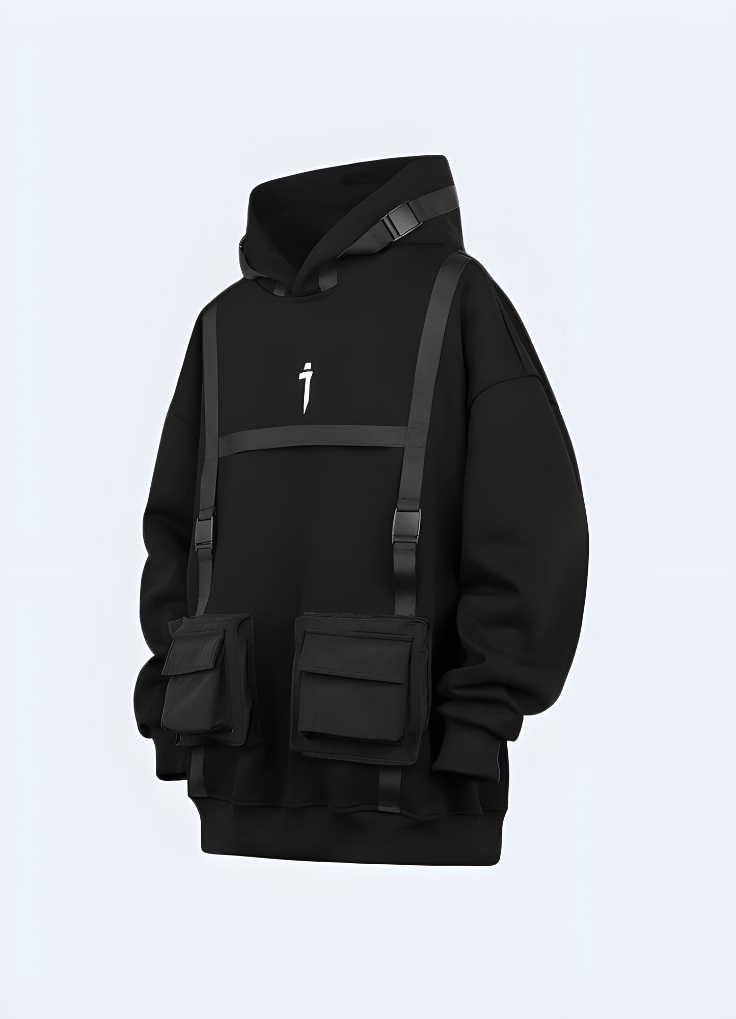 Cyberpunk techwear hoodie for women in black, front and side view in Canada, emphasizing its contemporary and edgy style.