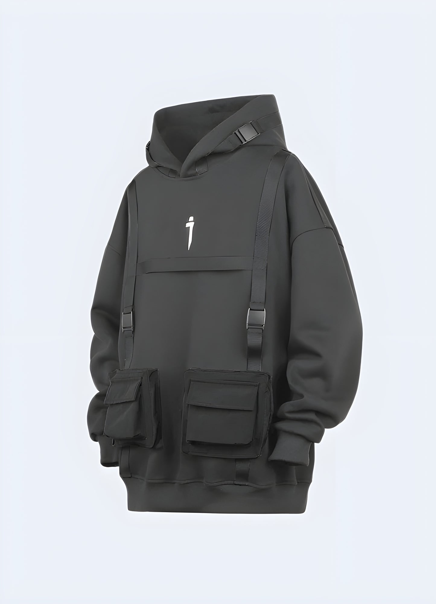 Cyberpunk techwear hoodie for women in grey, front and side view in Canada, featuring a futuristic and modern design.