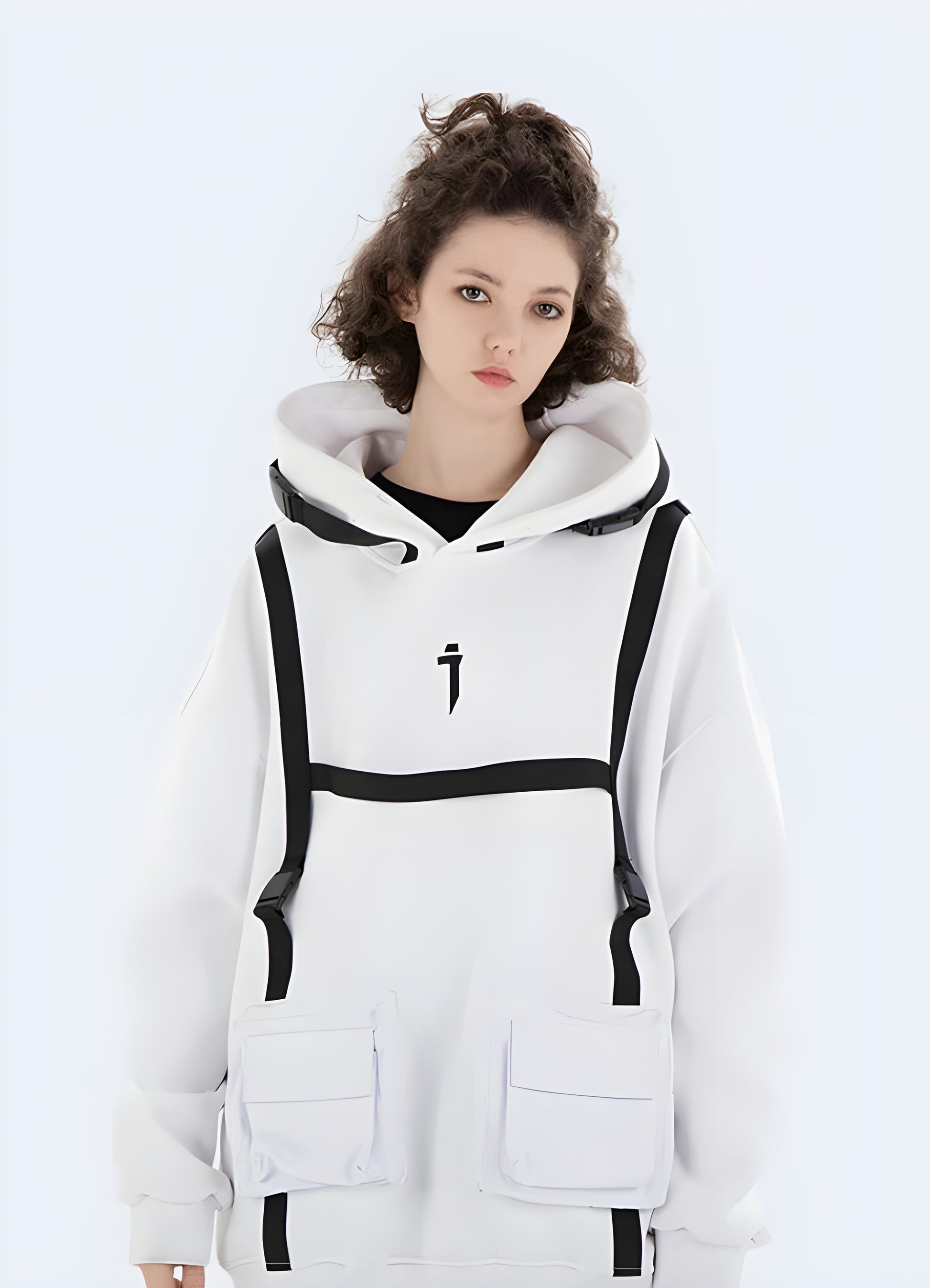 Cyberpunk techwear hoodie for women in white, available in Canada, featuring a futuristic and edgy design.