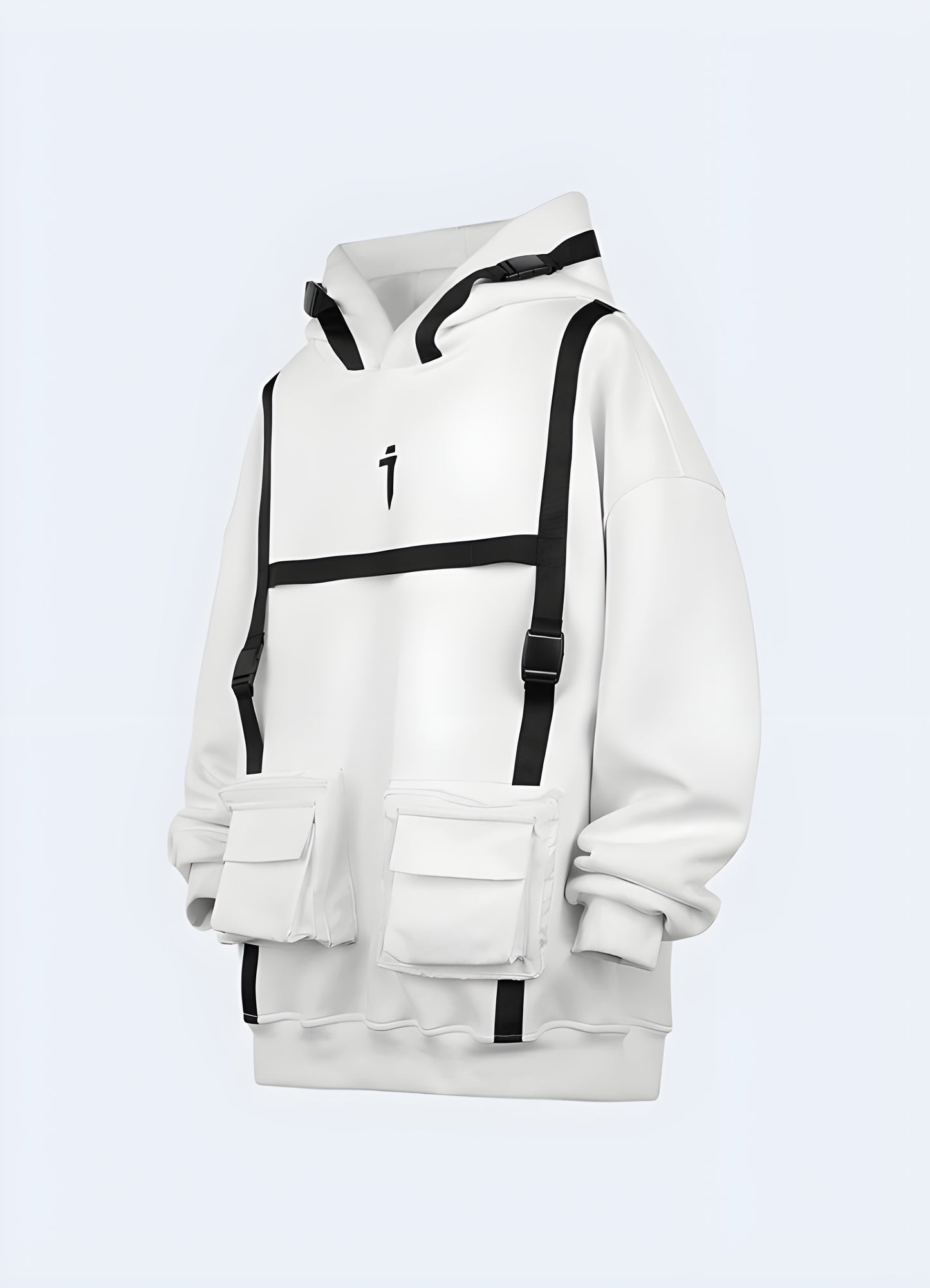 Cyberpunk techwear hoodie for women in white, front and side view in Canada, showcasing its bold and modern look.