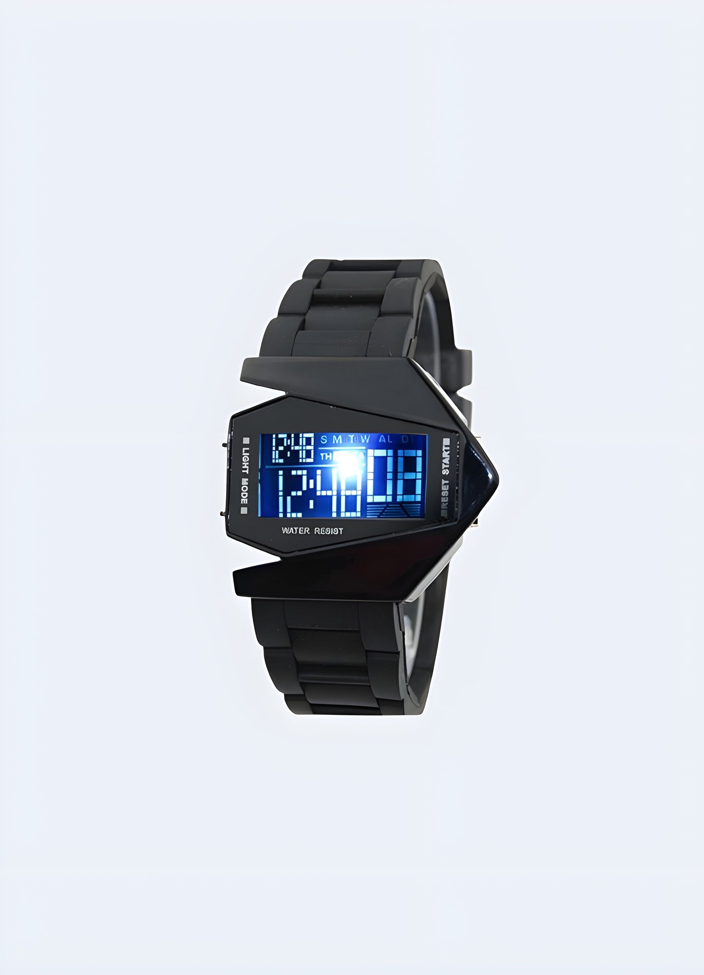 Cyberpunk watch in black, highlighting the sleek and futuristic design, front view in the Canada.