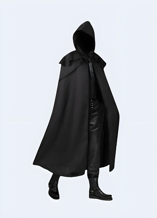 Edgy dark futuristic hooded cloak with a unique design, perfect for science fiction enthusiasts and avant-garde fashion lovers in the Canada.