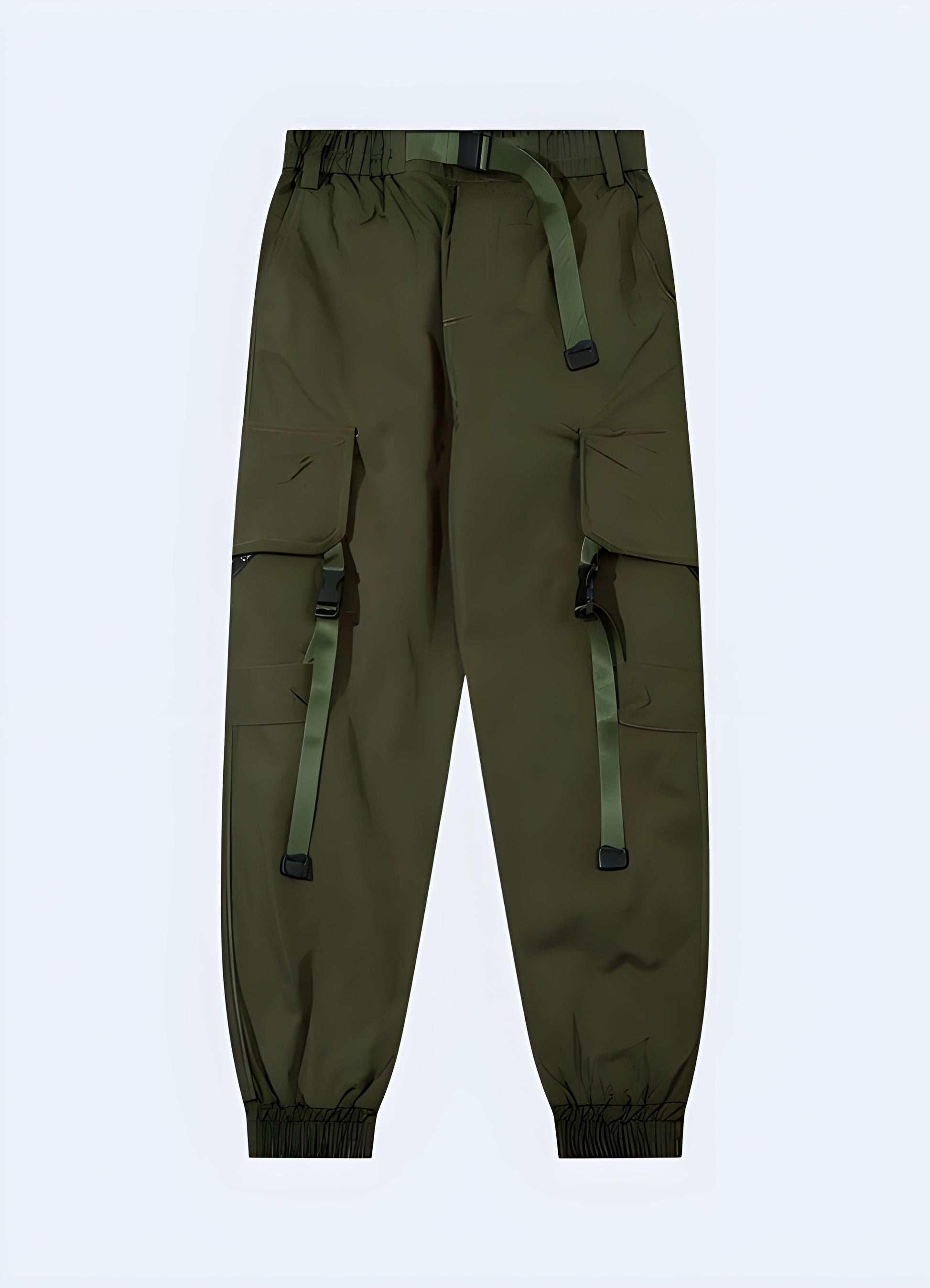 Front view of dark green cargo pants showcasing the classic military-inspired design, reinforced panels, and ample storage space, ideal for both fashion and functionality in Canada.