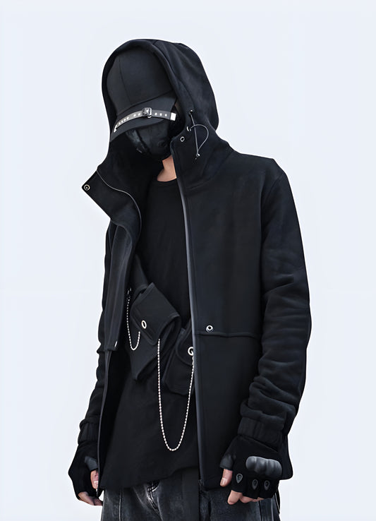 Darkwear back zip-up hoodie front and side view available in Canada, showcasing its unique design and edgy style.