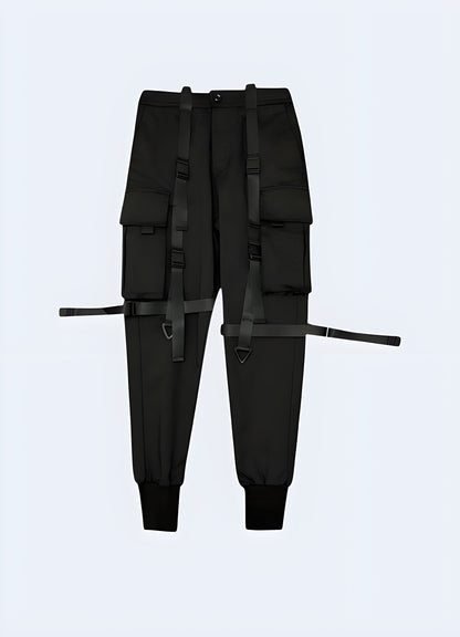 Front view of darkwear pants showcasing the all-black aesthetic, modern fit, and subtle detailing, ideal for darkwear enthusiasts and alternative fashion lovers in Canada. 