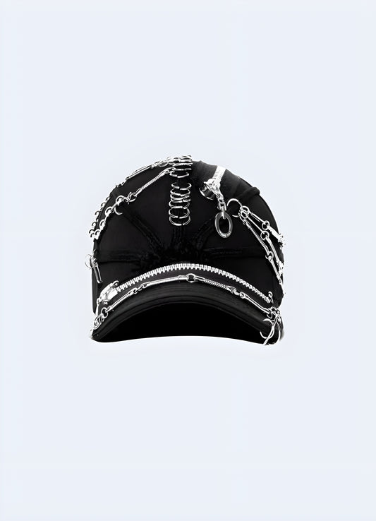 A darkwear punk cap featuring attached dreadlocks, shown from the front to highlight its bold and edgy design Canada.