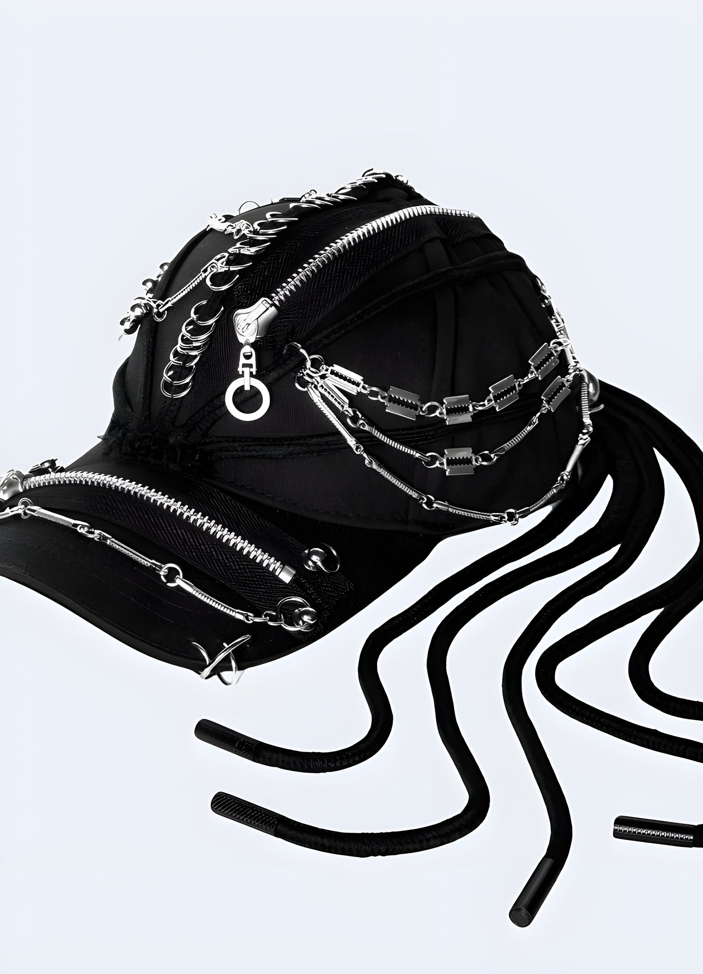 A darkwear punk cap with attached dreadlocks, displayed from the side to emphasize the cap's unique style and the flow of the dreadlocks Canada.