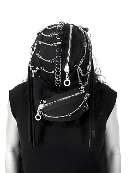 A model wearing a darkwear punk cap with attached dreadlocks, viewed from an upperside angle to showcase the cap’s top design and the arrangement of the dreadlocks in the overall look.