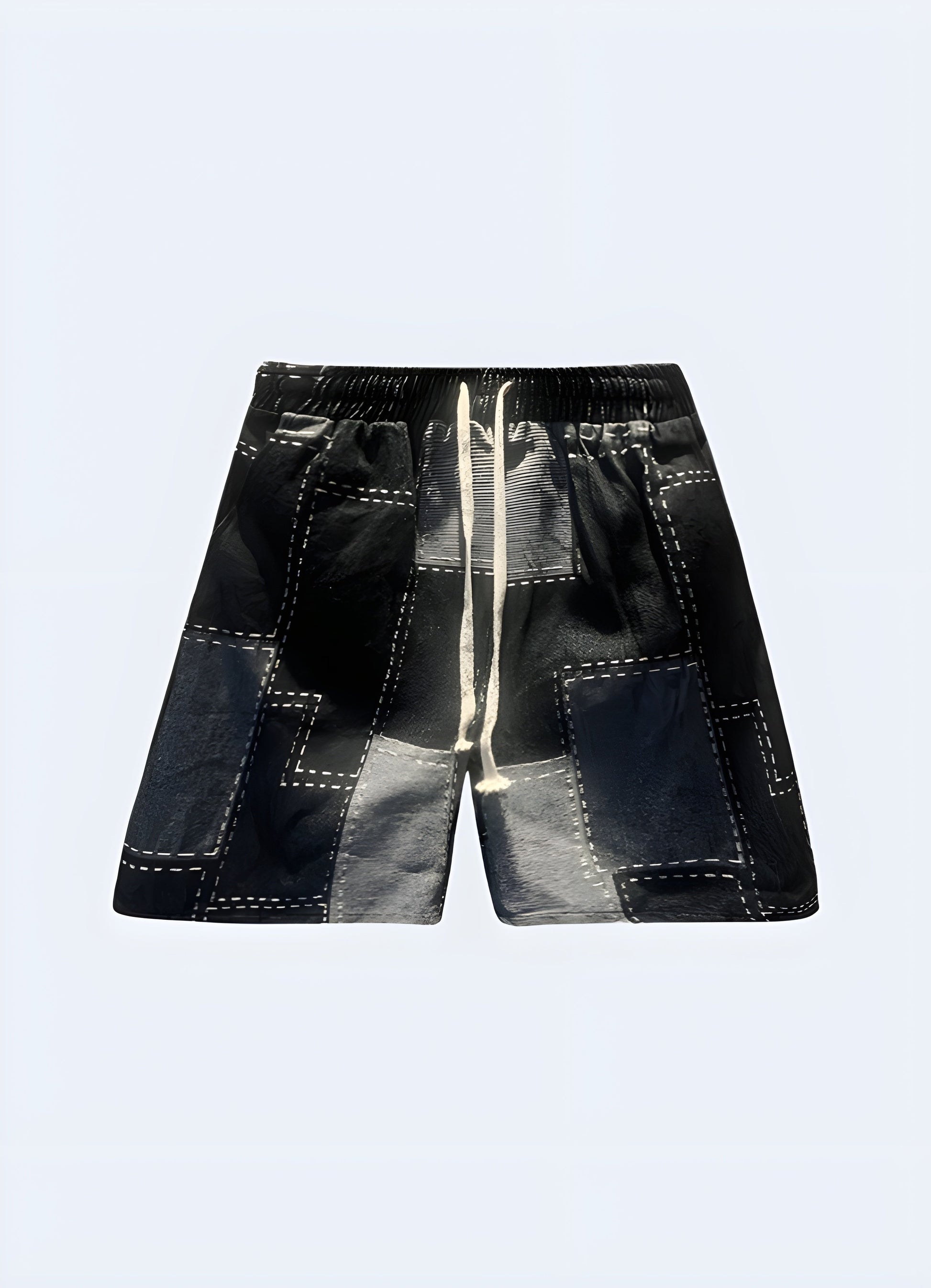 Unique denim patchwork shorts for man, combining vintage style and modern fashion in the Canada.