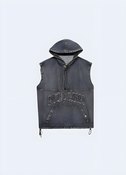 Front view of a sleek denim vest featuring an integrated hoodie, ideal for a versatile and trendy outfit in the Canada.