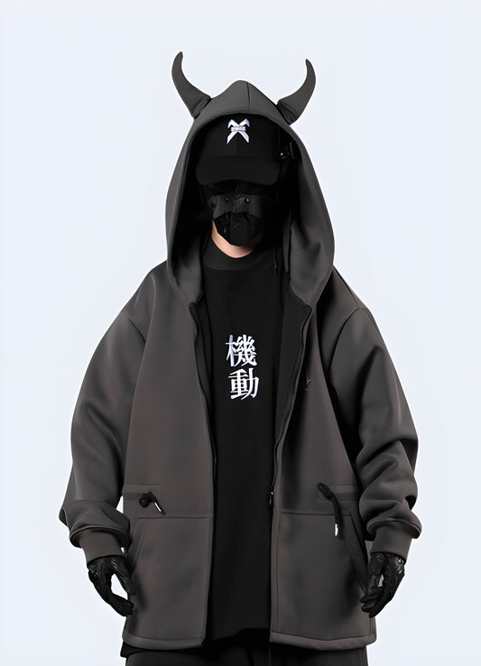 Devil horn hoodie front grey view available in Canada, showcasing its unique and edgy design.