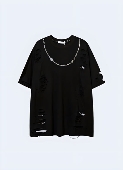 Edgy black shirt adorned with stylish chains, perfect for those seeking a bold and rebellious look in the canada.