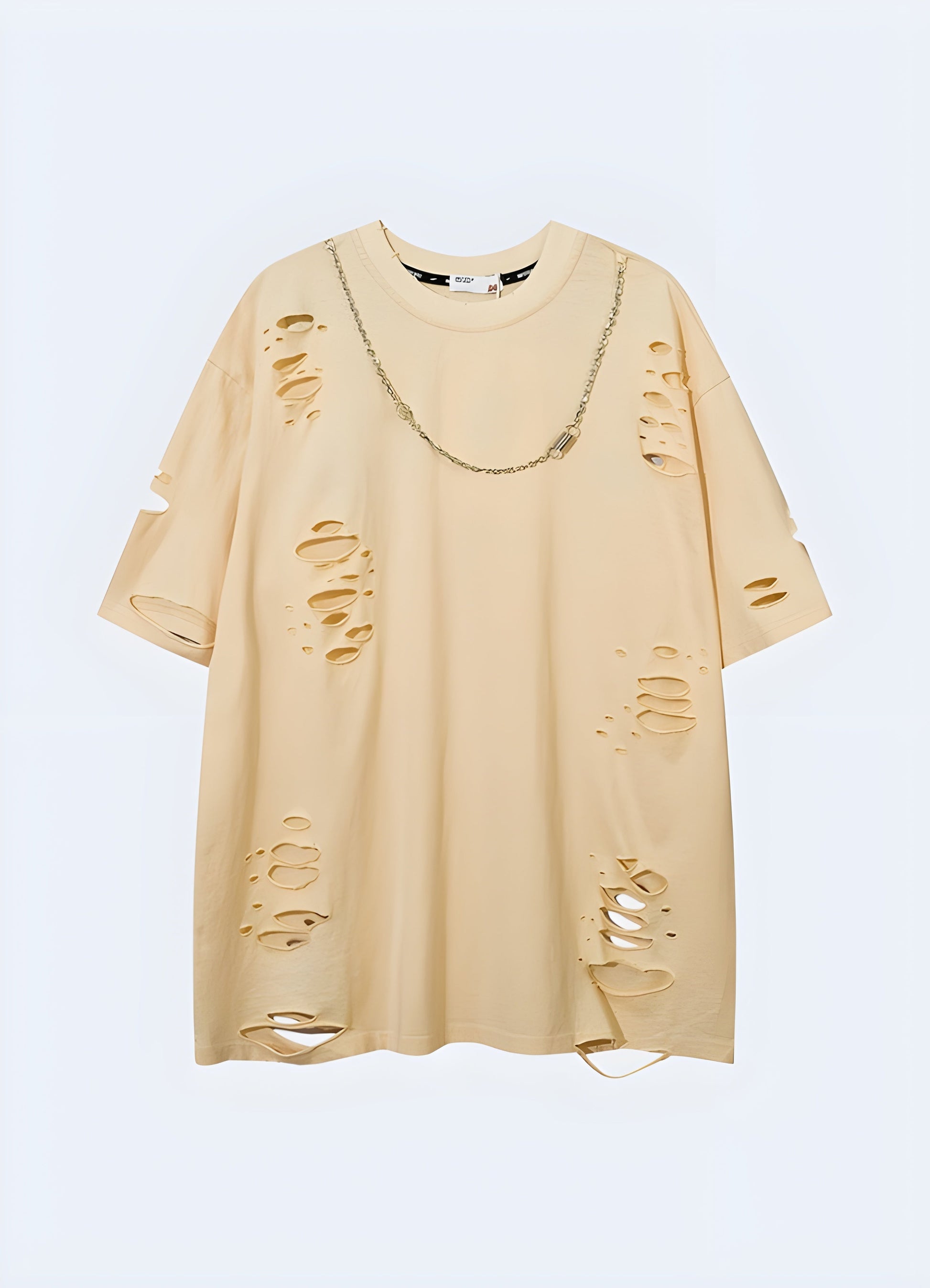 Front view of a beige shirt featuring stylish chain accents, perfect for fashion-forward individuals seeking a unique and bold look in the canada.