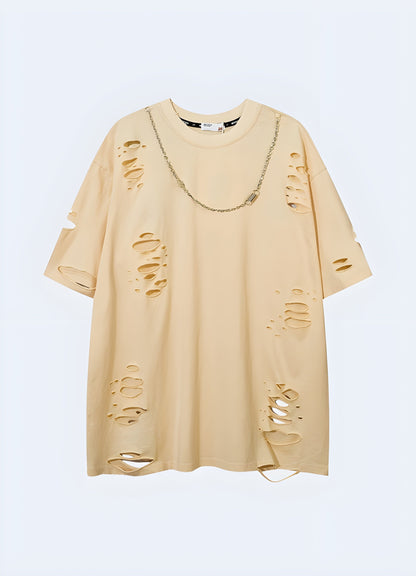 Front view of a beige shirt featuring stylish chain accents, perfect for fashion-forward individuals seeking a unique and bold look in the canada.