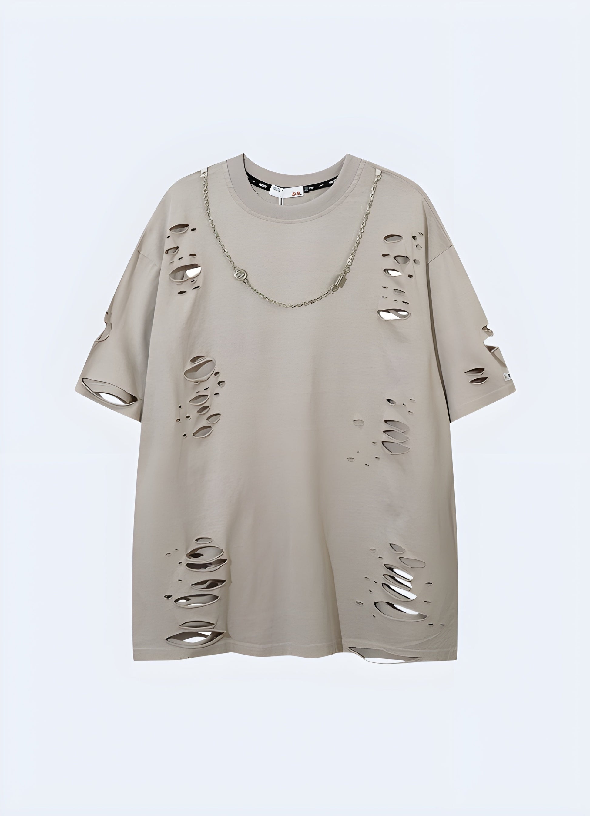 Front view of a grey shirt adorned with chic chain details, ideal for those who embrace an edgy and modern aesthetic in the canada.