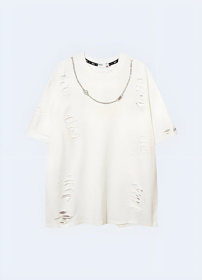 Front view of a white shirt featuring trendy chain details, ideal for fashion enthusiasts who appreciate an unconventional and eye-catching style in the canada.