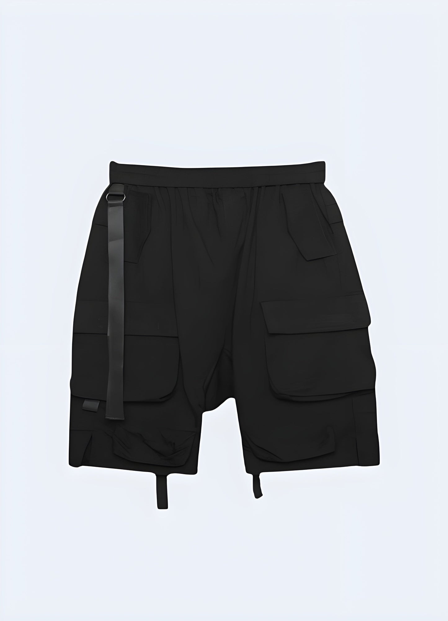 Trendy drop-crotch techwear shorts for men, featuring a relaxed fit and technical features, perfect for the urban fashion scene Canada.