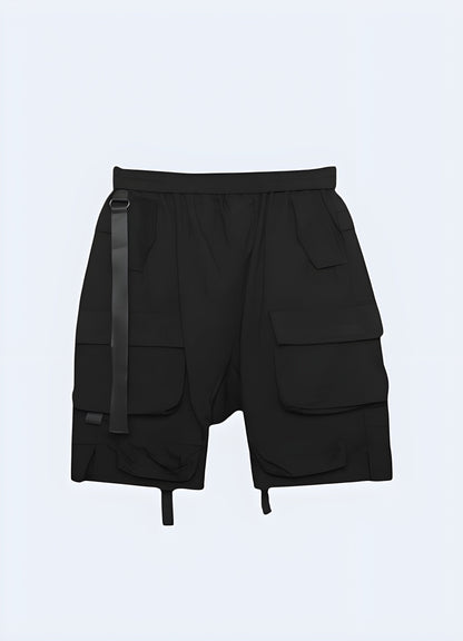 Trendy drop-crotch techwear shorts for men, featuring a relaxed fit and technical features, perfect for the urban fashion scene Canada.