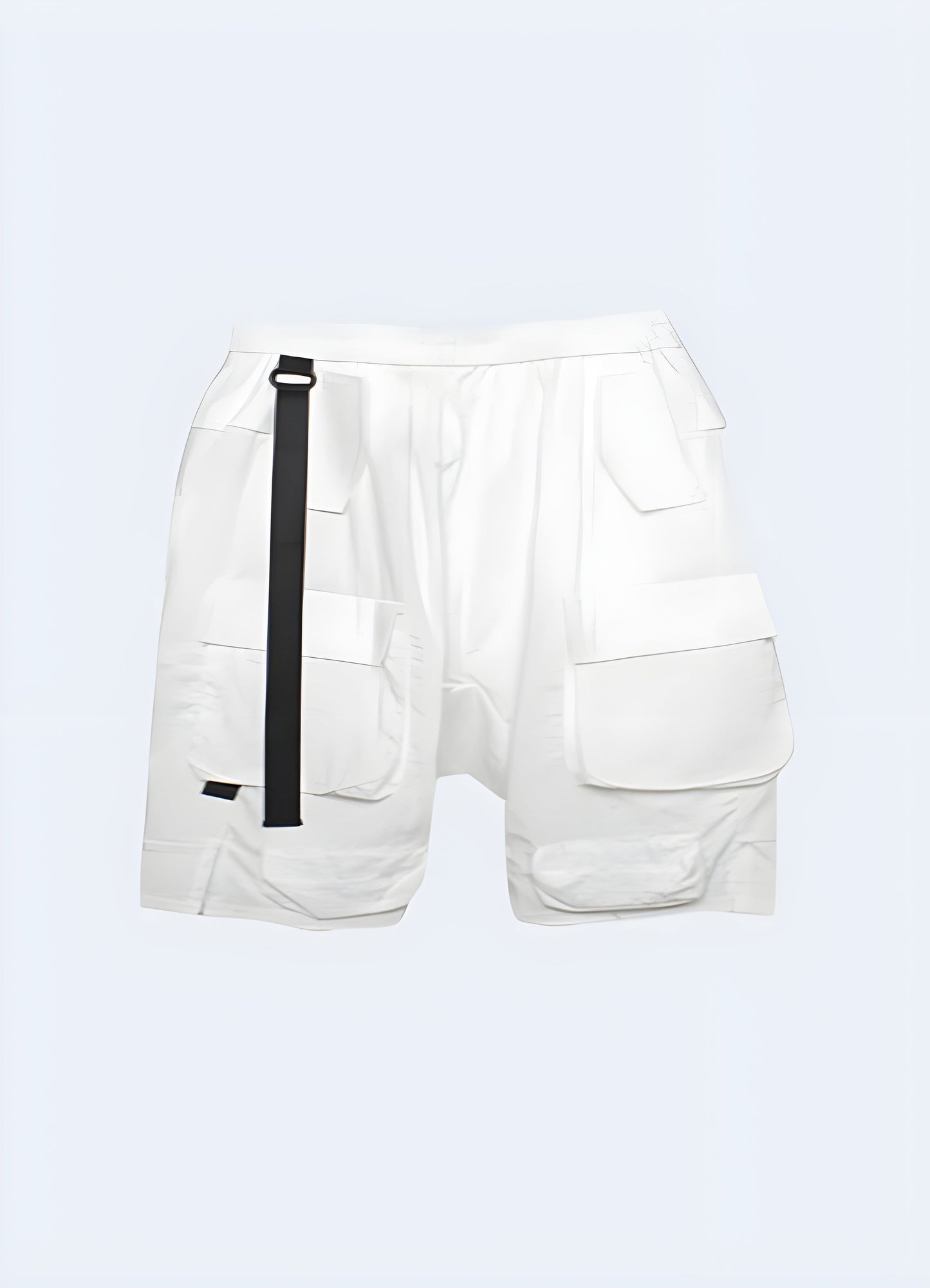 Close-up front view of sleek white drop crotch techwear shorts, featuring cutting-edge fabrics, precise tailoring, and a futuristic design that pushes the boundaries of conventional urban wear Canada.